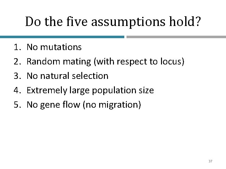 Do the five assumptions hold? 1. 2. 3. 4. 5. No mutations Random mating