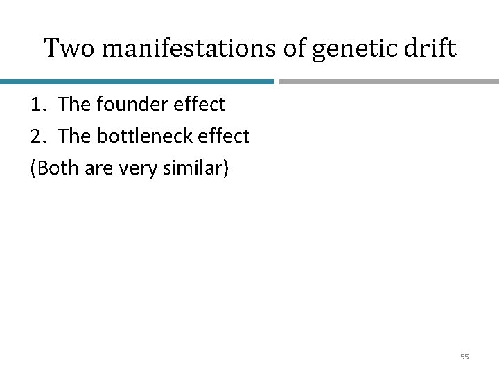 Two manifestations of genetic drift 1. The founder effect 2. The bottleneck effect (Both