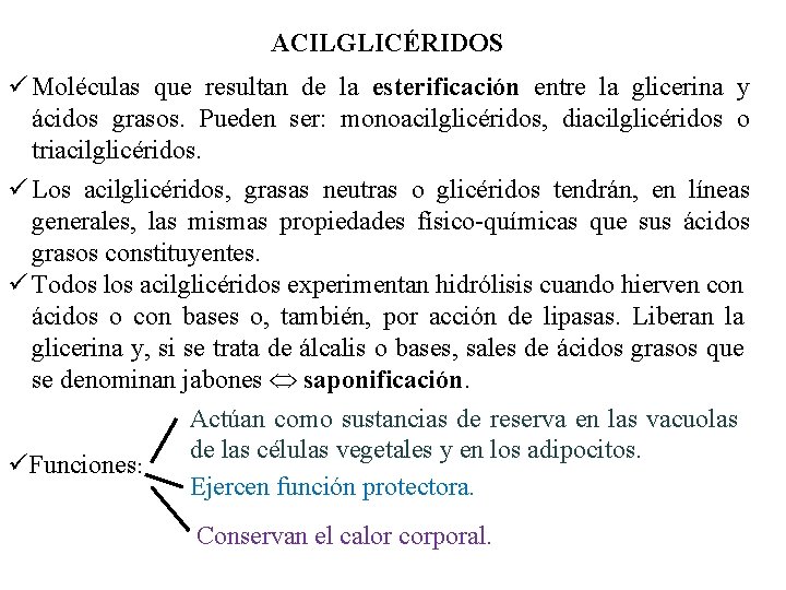 ACILGLICÉRIDOS ü Moléculas que resultan de la esterificación entre la glicerina y ácidos grasos.