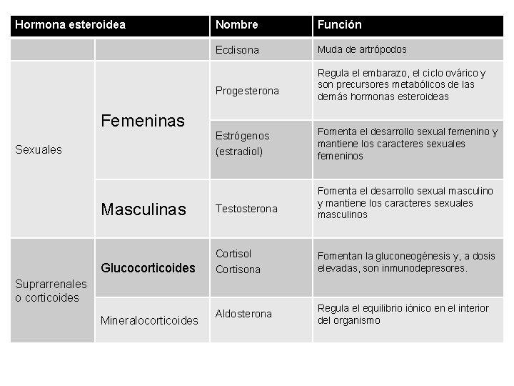 Hormona esteroidea Nombre Función Ecdisona Muda de artrópodos Progesterona Femeninas Sexuales Estrógenos (estradiol) Regula