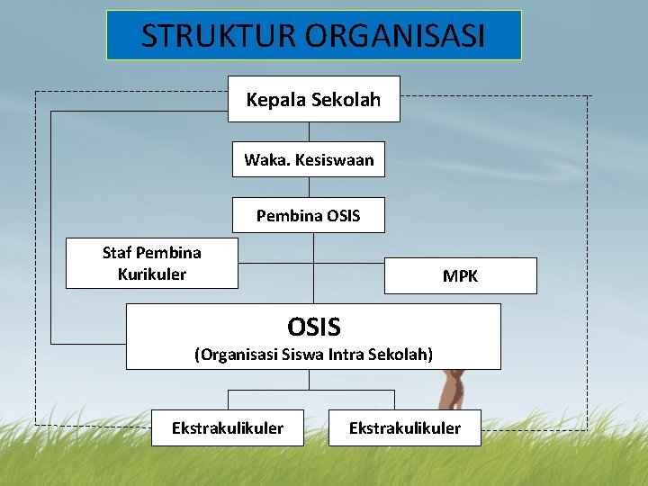 STRUKTUR ORGANISASI Kepala Sekolah Waka. Kesiswaan Pembina OSIS Staf Pembina Kurikuler MPK OSIS (Organisasi