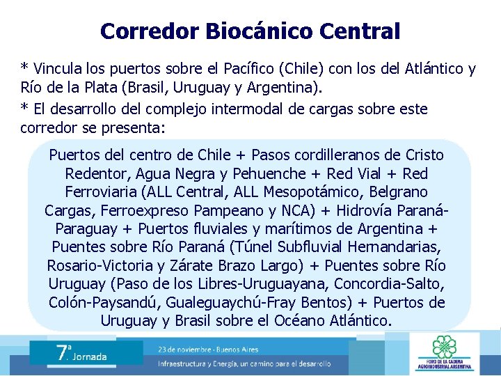 Corredor Biocánico Central * Vincula los puertos sobre el Pacífico (Chile) con los del
