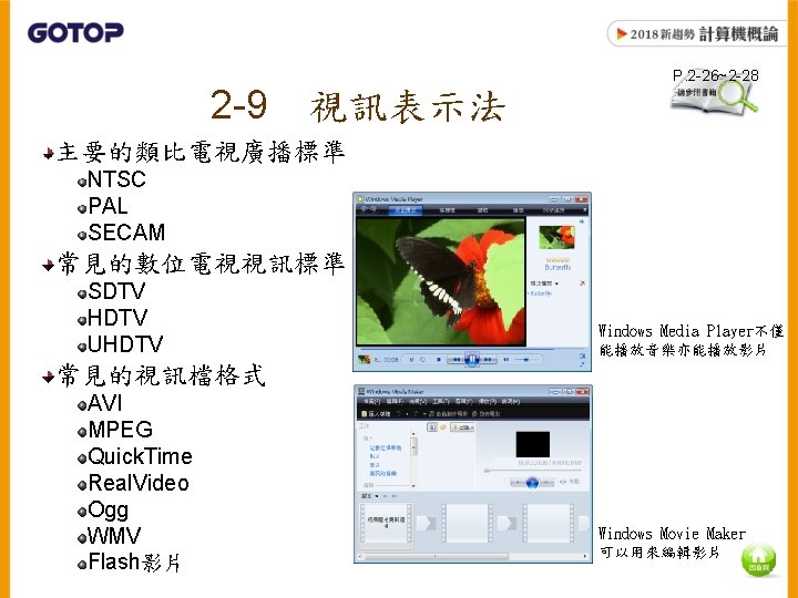 2 -9 P. 2 -26~2 -28 視訊表示法 主要的類比電視廣播標準 NTSC PAL SECAM 常見的數位電視視訊標準 SDTV HDTV