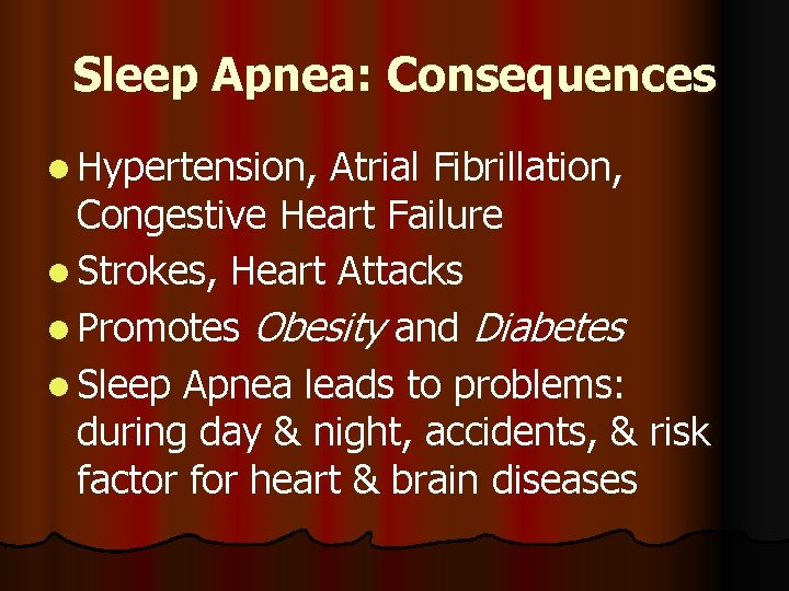 Sleep Apnea: Consequences l Hypertension, Atrial Fibrillation, Congestive Heart Failure l Strokes, Heart Attacks Sleep Apnea: Consequences l Hypertension, Atrial Fibrillation, Congestive Heart Failure l Strokes, Heart Attacks