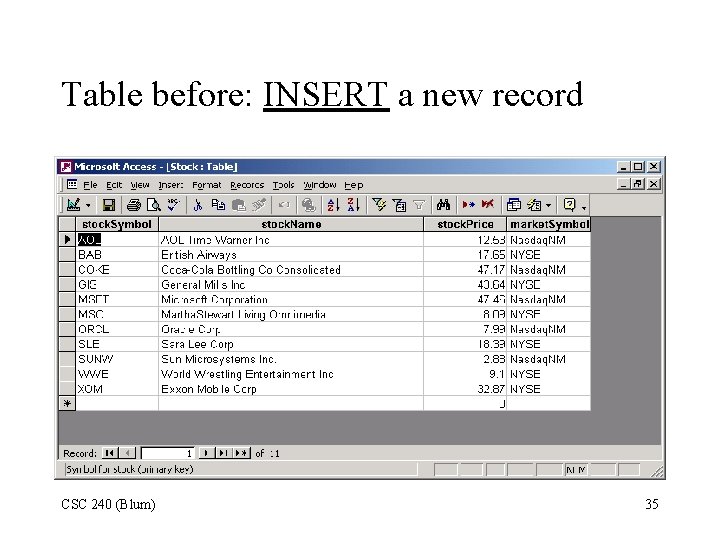 Table before: INSERT a new record CSC 240 (Blum) 35 Table before: INSERT a new record CSC 240 (Blum) 35