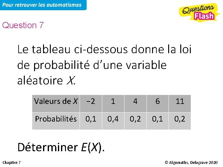 Question 7 Le tableau ci-dessous donne la loi de probabilité d’une variable aléatoire X.