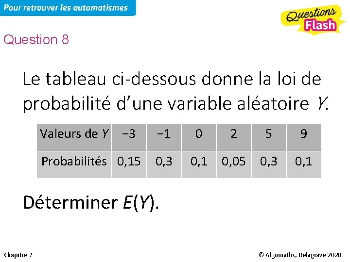 Question 8 Le tableau ci-dessous donne la loi de probabilité d’une variable aléatoire Y.