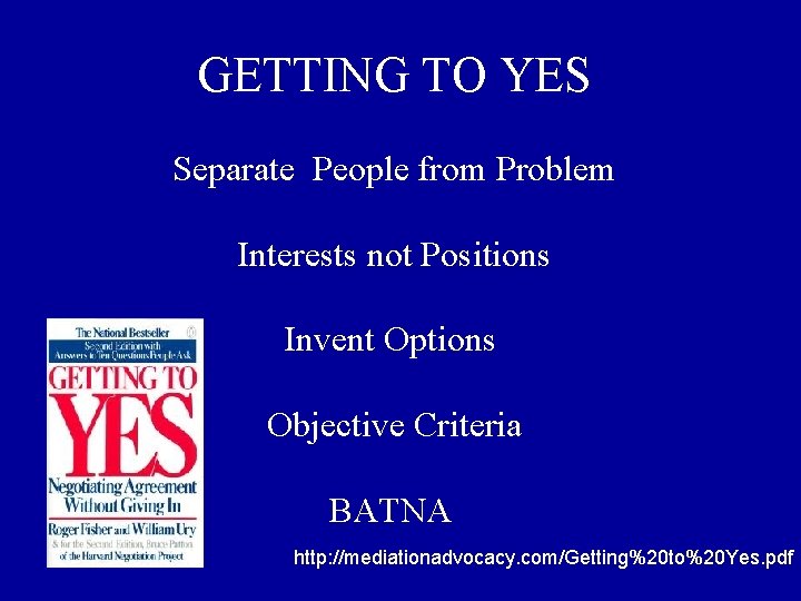 GETTING TO YES Separate People from Problem Interests not Positions Invent Options Objective Criteria