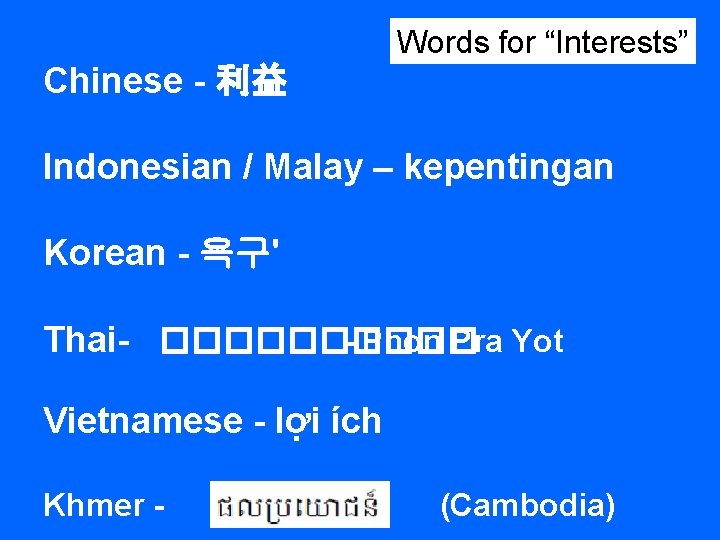 Words for “Interests” Chinese - 利益 Indonesian / Malay – kepentingan Korean - 욕구'