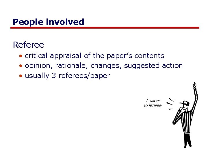 People involved Referee • critical appraisal of the paper’s contents • opinion, rationale, changes,