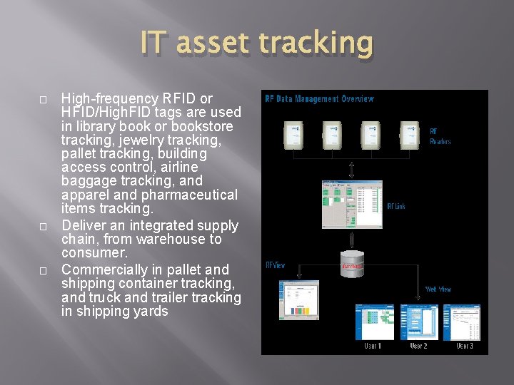 IT asset tracking � � � High frequency RFID or HFID/High. FID tags are