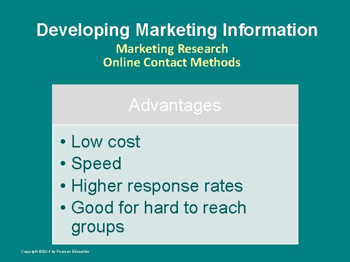Developing Marketing Information Marketing Research Online Contact Methods Advantages • Low cost • Speed