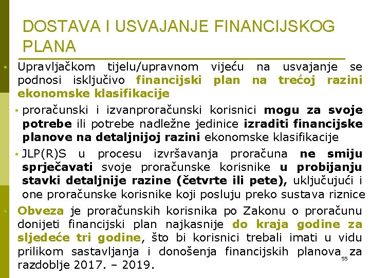 DOSTAVA I USVAJANJE FINANCIJSKOG PLANA Upravljačkom tijelu/upravnom vijeću na usvajanje se podnosi isključivo financijski