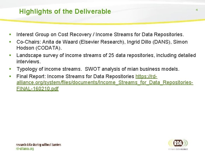 Highlights of the Deliverable § § § 4 Interest Group on Cost Recovery /