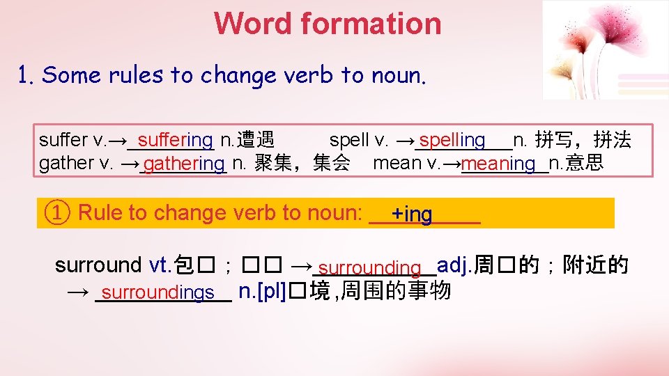 Word formation 1. Some rules to change verb to noun. suffer v. →____ spell