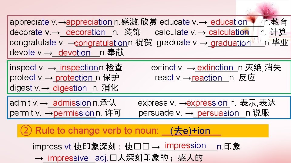 appreciate v. →_____n. 感激, 欣赏 educate v. →______n. 教育 appreciation education decorate v. →______n.