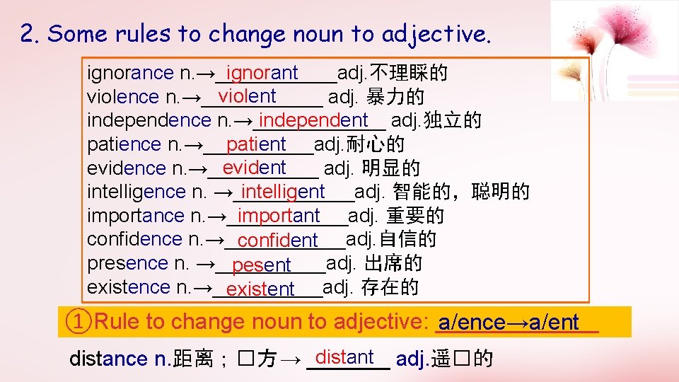2. Some rules to change noun to adjective. ignorant ignorance n. →______adj. 不理睬的 violent