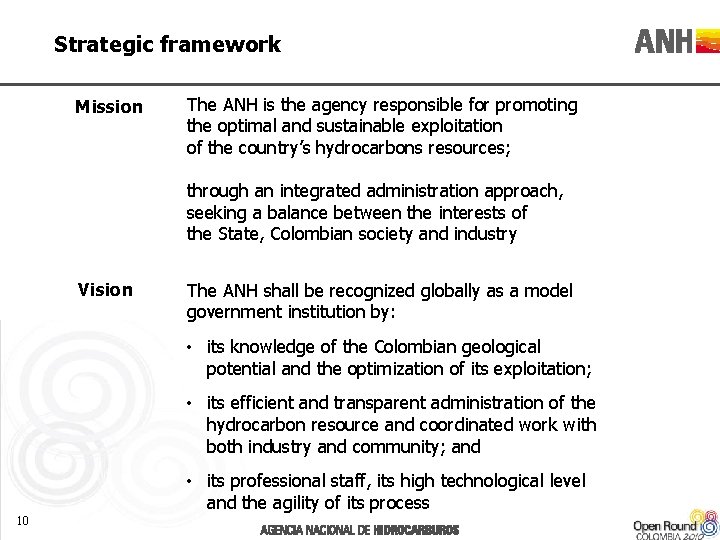 Strategic framework Mission The ANH is the agency responsible for promoting the optimal and