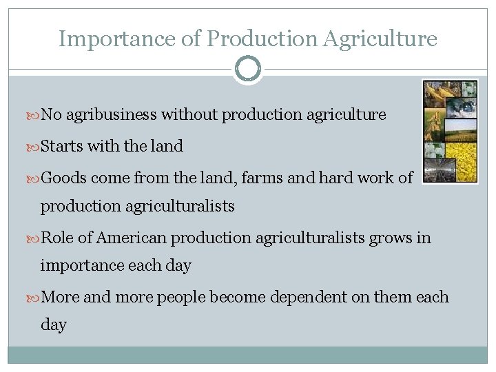 Importance of Production Agriculture No agribusiness without production agriculture Starts with the land Goods