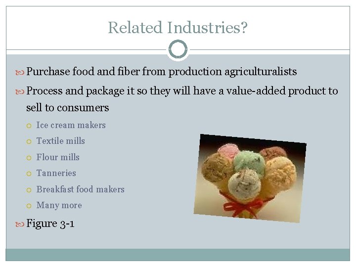 Related Industries? Purchase food and fiber from production agriculturalists Process and package it so