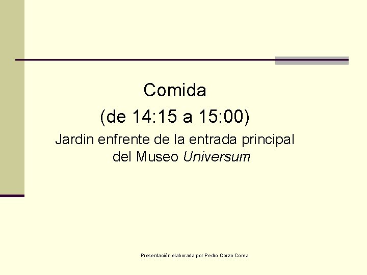 Comida (de 14: 15 a 15: 00) Jardin enfrente de la entrada principal del