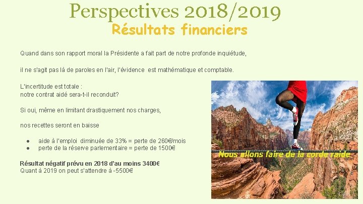 Perspectives 2018/2019 Résultats financiers Quand dans son rapport moral la Présidente a fait part