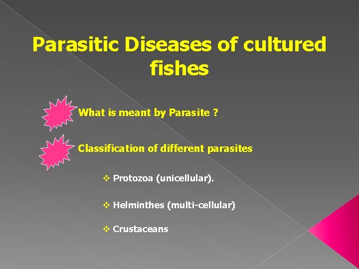 Parasitic Diseases of cultured fishes What is meant by Parasite ? Classification of different