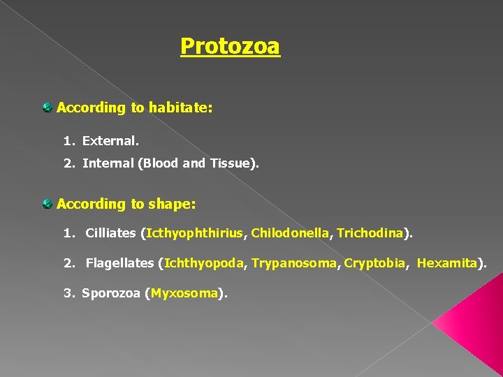 Protozoa According to habitate: 1. External. 2. Internal (Blood and Tissue). According to shape: