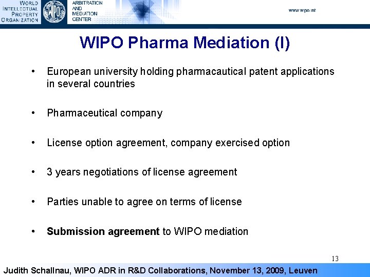 WIPO Pharma Mediation (I) • European university holding pharmacautical patent applications in several countries