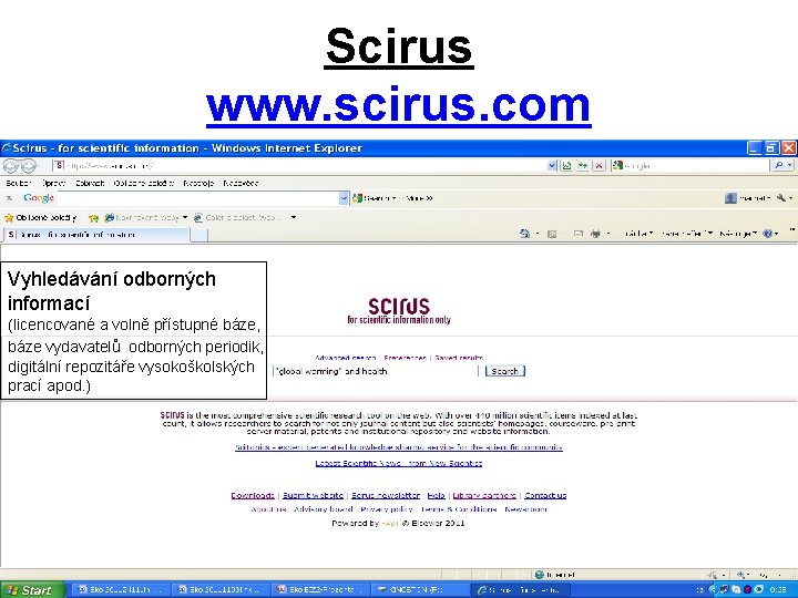 Scirus www. scirus. com Vyhledávání odborných informací (licencované a volně přístupné báze, báze vydavatelů