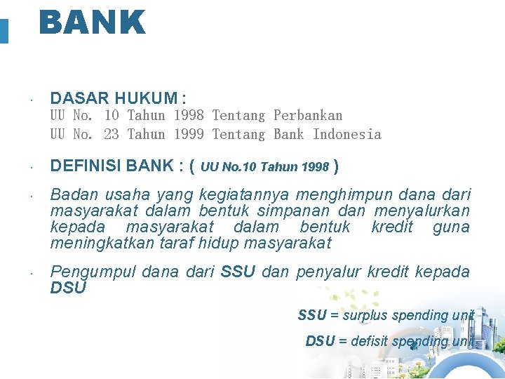BANK DASAR HUKUM : UU No. 10 Tahun 1998 Tentang Perbankan UU No. 23