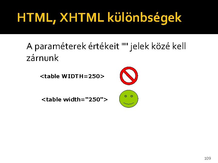 HTML, XHTML különbségek A paraméterek értékeit "" jelek közé kell zárnunk <table WIDTH=250> <table