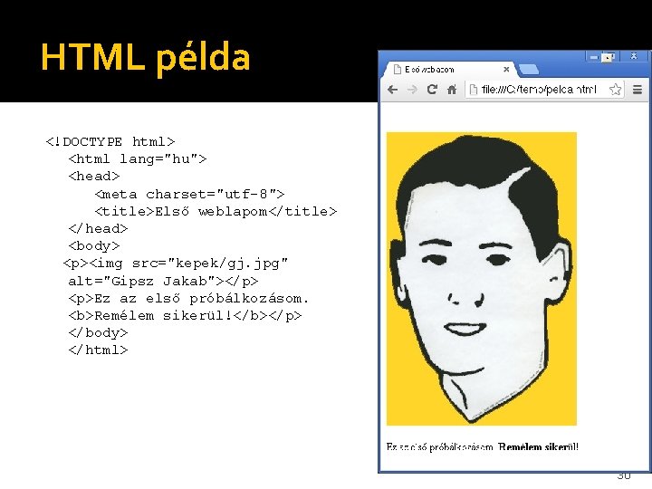 HTML példa <!DOCTYPE html> <html lang="hu"> <head> <meta charset="utf-8"> <title>Első weblapom</title> </head> <body> <p><img