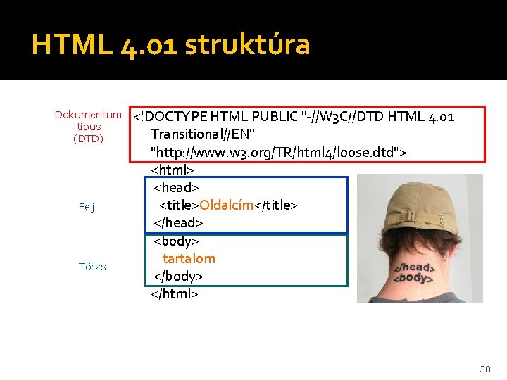 HTML 4. 01 struktúra Dokumentum típus (DTD) Fej Törzs <!DOCTYPE HTML PUBLIC "-//W 3