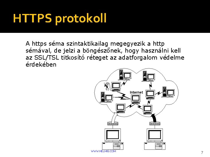 HTTPS protokoll A https séma szintaktikailag megegyezik a http sémával, de jelzi a böngészőnek,