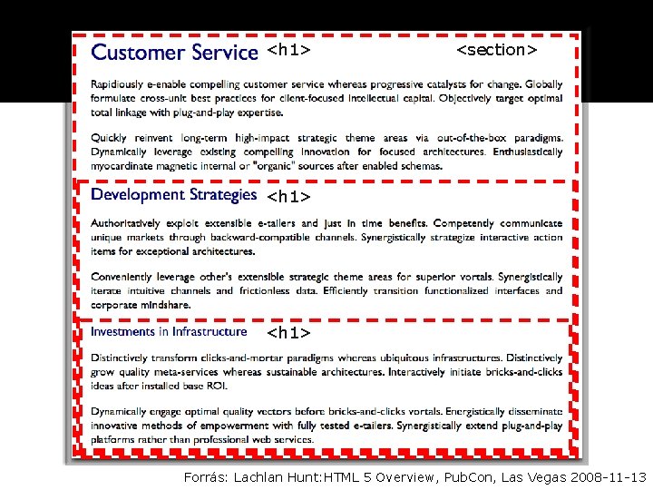 <h 1> <section> <h 1> Forrás: Lachlan Hunt: HTML 5 Overview, Pub. Con, Las