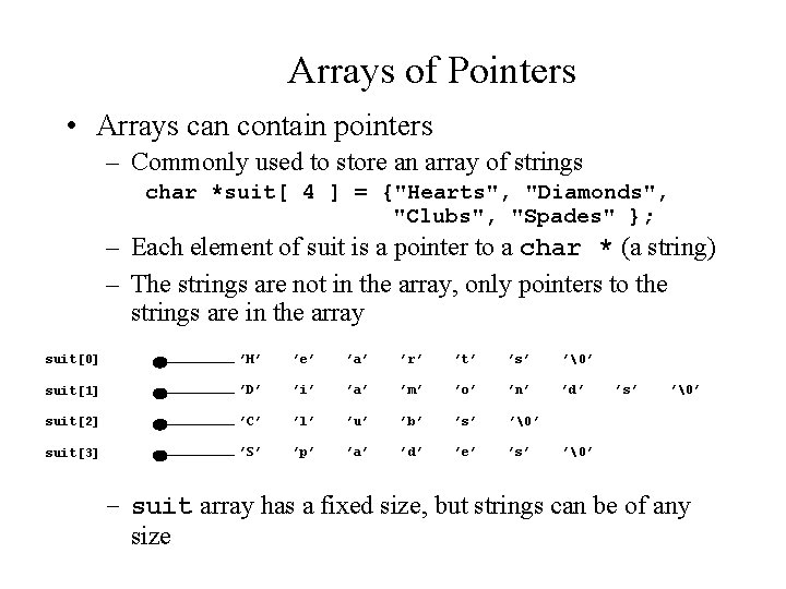 Arrays of Pointers • Arrays can contain pointers – Commonly used to store an
