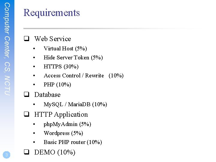 Computer Center, CS, NCTU Requirements q Web Service • • • Virtual Host (5%)