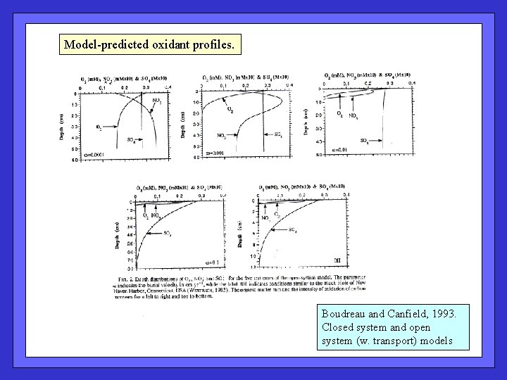 Model-predicted oxidant profiles. Boudreau and Canfield, 1993. Closed system and open system (w. transport)