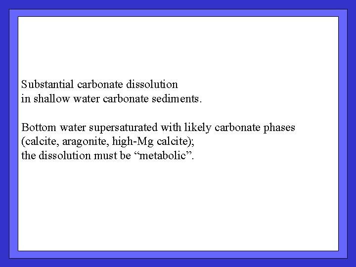 Substantial carbonate dissolution in shallow water carbonate sediments. Bottom water supersaturated with likely carbonate