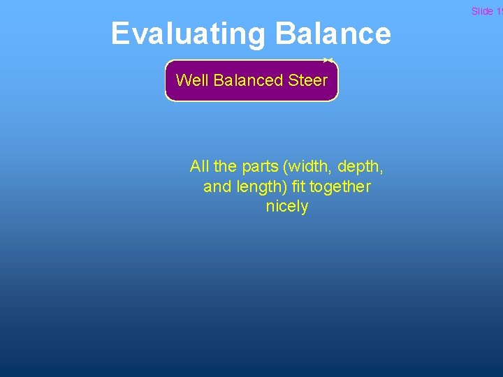 Evaluating Balance Well Balanced Steer All the parts (width, depth, and length) fit together