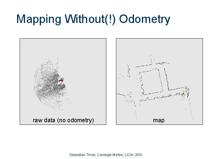 Mapping Without(!) Odometry raw data (no odometry) Sebastian Thrun, Carnegie Mellon, IJCAI-2001 map 
