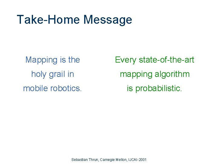 Take-Home Message Mapping is the Every state-of-the-art holy grail in mapping algorithm mobile robotics.