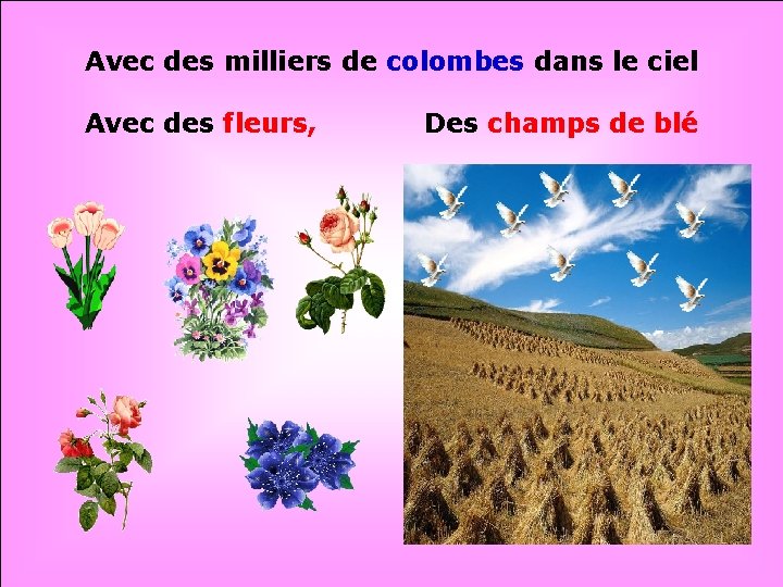 Avec des milliers de colombes dans le ciel Avec des fleurs, Des champs de