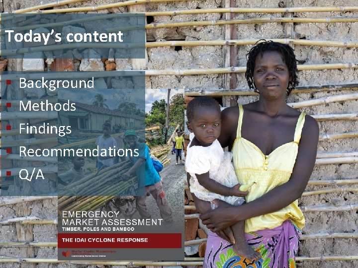 Today’s content § § § Background Methods Findings Recommendations Q/A Shelter Cluster Mozambique Shelter.