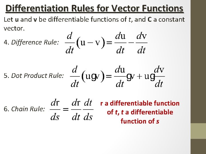 Differentiation Rules for Vector Functions Let u and v be differentiable functions of t, Differentiation Rules for Vector Functions Let u and v be differentiable functions of t,