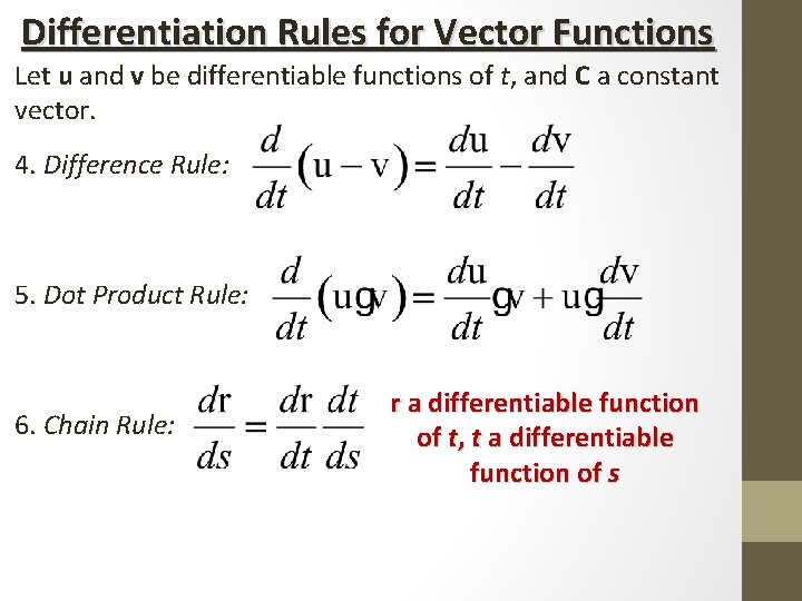 Differentiation Rules for Vector Functions Let u and v be differentiable functions of t,