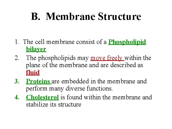 B. Membrane Structure 1. The cell membrane consist of a Phospholipid bilayer 2. The