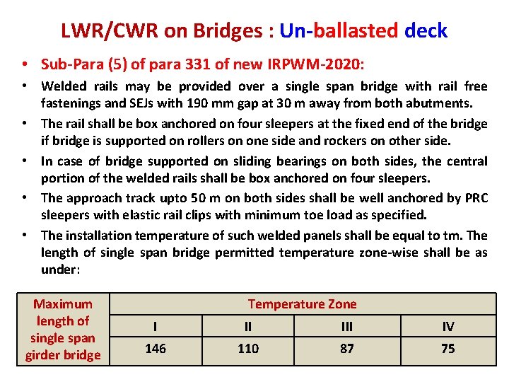 LWR/CWR on Bridges : Un-ballasted deck • Sub-Para (5) of para 331 of new