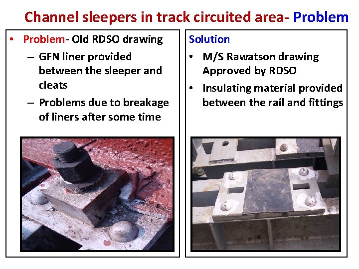 Channel sleepers in track circuited area- Problem • Problem- Old RDSO drawing – GFN